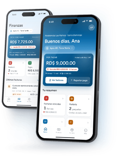 La app CONDOMERA Residentes en un iPhone: la pantalla Inicio muestra RD$ 9,000.00 por pagar, una factura vencida y 2 paquetes en portería; detrás, la pantalla Finanzas.